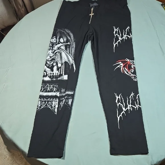 Black Gothic Gargoyle Dolls Kill Widow Womens XXL Pants Leggings Cross Zipper - Picture 1 of 8